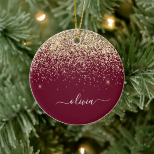 Burgundy Guld Glitter Girly Monogram Glam Julgransprydnad Keramik