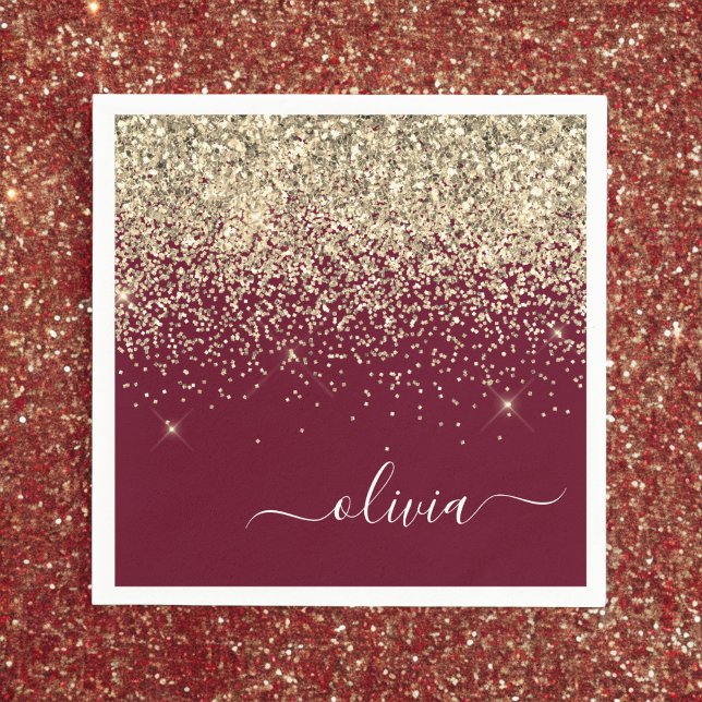 Burgundy Guld Glitter Girly Monogram Glam Pappersservett (Skapare uppladdad)