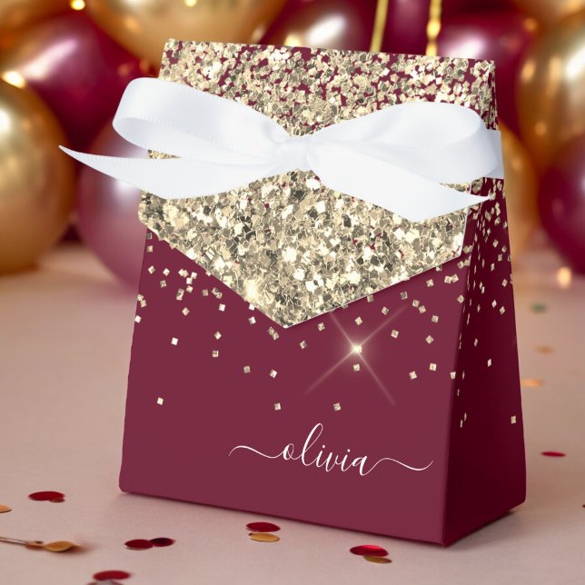 Burgundy Guld Glitter Girly Monogram Glam Presentaskar (Skapare uppladdad)