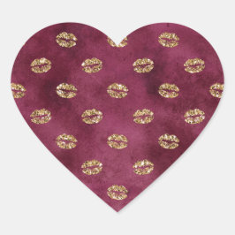 Burgundy Guld Glitter Kisses Läppar Hjärtformat Klistermärke