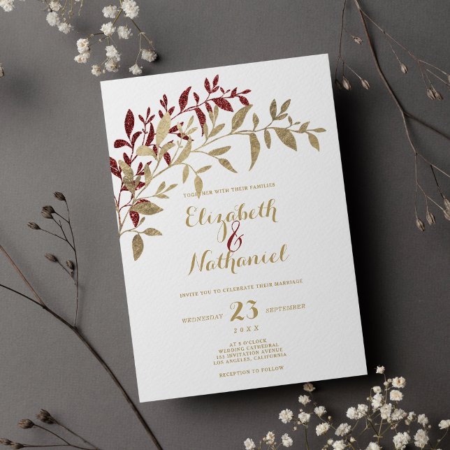 Burgundy guld glitter löv blommigt vit bröllop inbjudningar (Burgundy gold glitter leaves floral white wedding )
