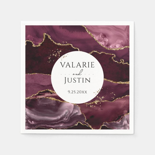 Burgundy Guld Glitter Marble Bröllop Napkins Pappersservett (Framsidan)