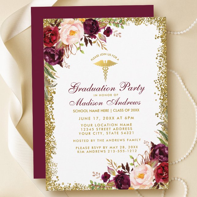 Burgundy Guld Glitter Medical Grad Party Inbjudan (Customize to change text color, style, add text & photos to back or change color of back of card.)