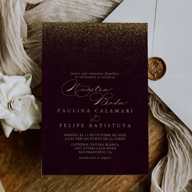 Burgundy Guld Glitter Nuestra Boda Bröllop Inbjudningar (Skapare uppladdad)
