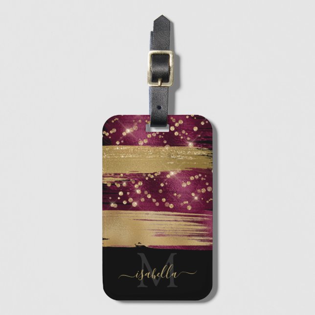 Burgundy Guld Glitter-skript, monogrammat Bagagebricka (Framsida vertikal)