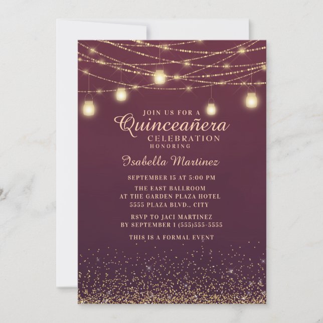 Burgundy Guld Glitter String Ljus Quinceañera Inbjudningar (Framsida)