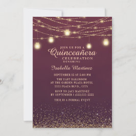 Burgundy Guld Glitter String Ljus Quinceañera Inbjudningar