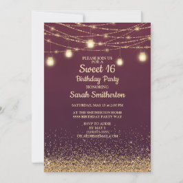 Burgundy Guld Glitter String Ljus Sweet 16 Inbjudningar