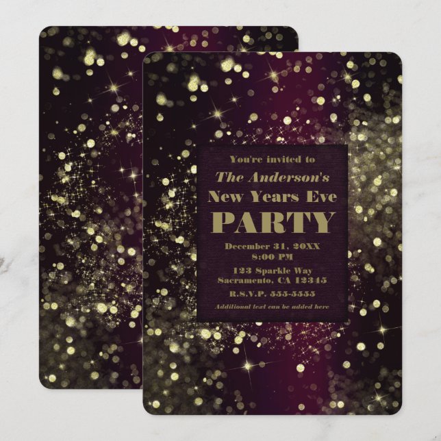Burgundy Guld Glittrande Ljus Nyårsafton Party Inbjudningar (Fram/baksida)