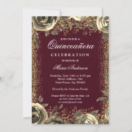 Burgundy & Guld Gnistra Glitter Quinceanera Inbjud Inbjudningar