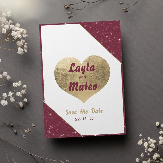 Burgundy guld gnistra  glitter Spara datum Inbjudningar (Burgundy gold heart sparkle glitter Save the Date)