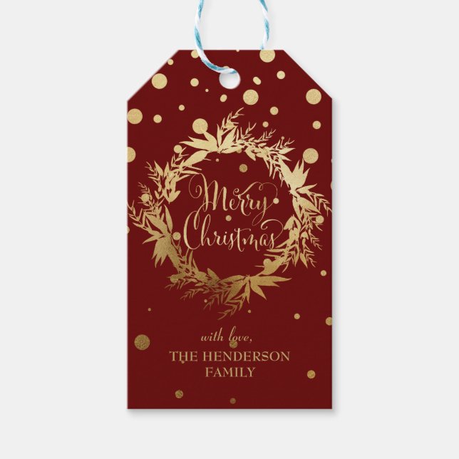 Burgundy Guld God jul Eucalyptus Utandning Presentetikett (Framsidan)