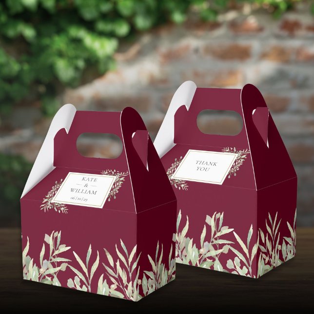 Burgundy Guld Greenery Foliage Bröllop Presentaskar (Burgundy Gold Greenery Foliage Wedding Favor Boxes)