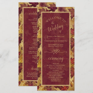 Burgundy & Guld Höstlöv Elegant Bröllop Program
