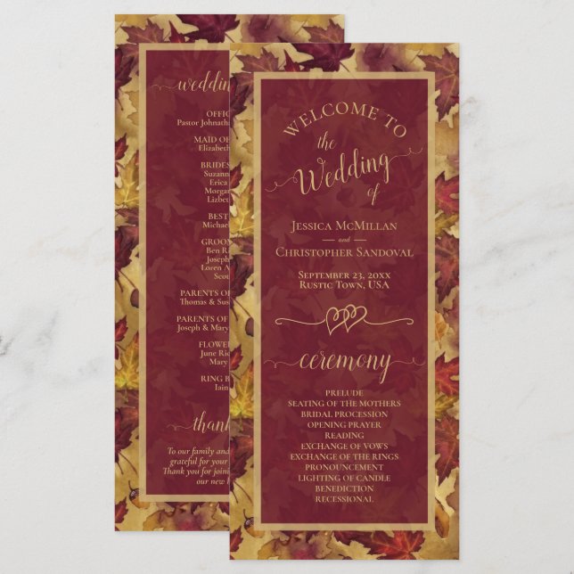 Burgundy & Guld Höstlöv Elegant Bröllop Program (Fram/baksida)