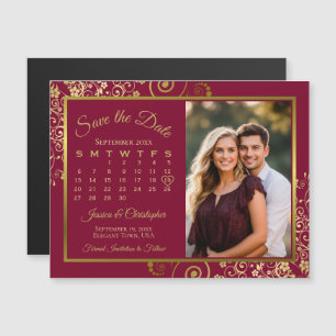 Burgundy & Guld Kalender Foto Spara Datum Magnet