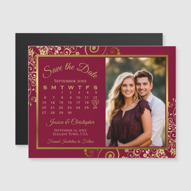 Burgundy & Guld Kalender Foto Spara Datum Magnet (Fram/baksida)