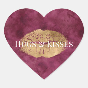 Burgundy Guld Kiss Läppar Hjärtformat Klistermärke