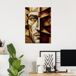 Burgundy Guld Kubistisk Man - Texturerad Abstrakt Poster