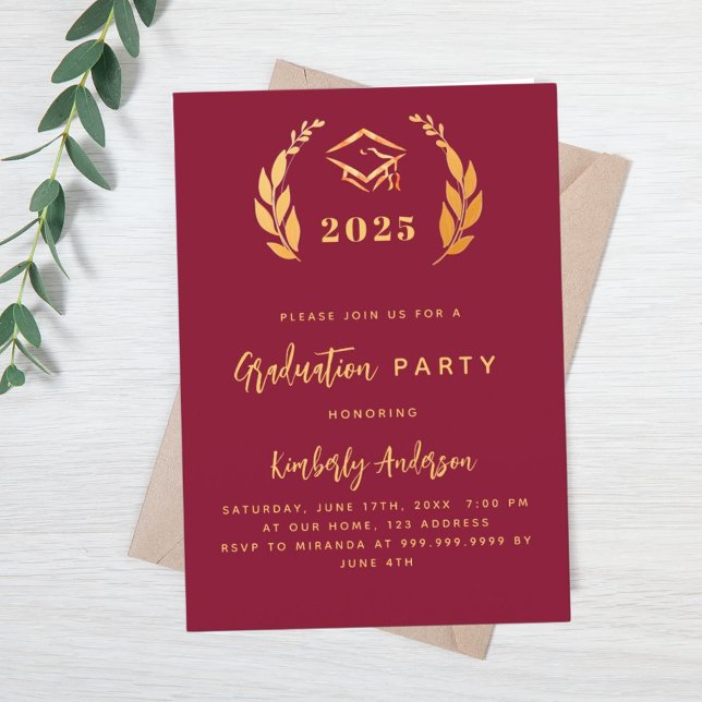 Burgundy guld lagerkrans 2025 Studentfest Inbjudningar (Skapare uppladdad)