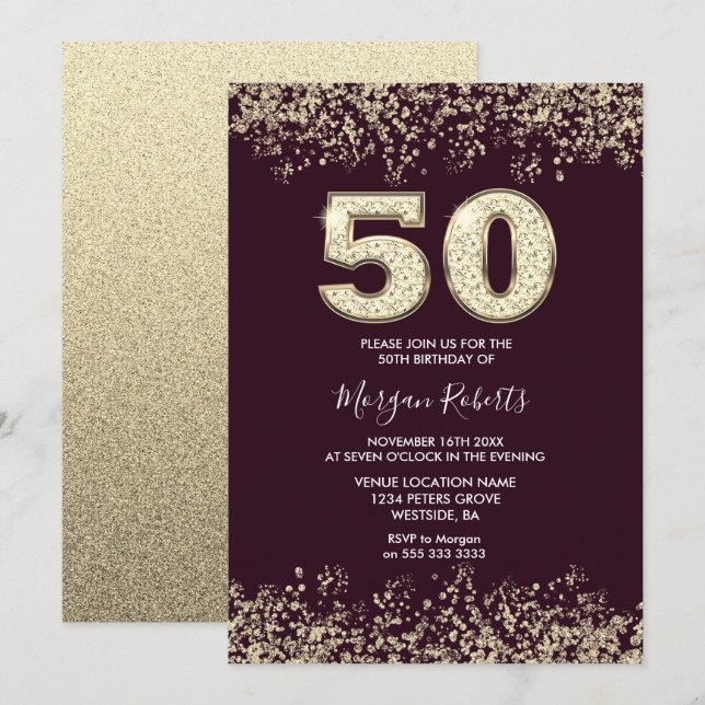 Burgundy & Guld Manar eller Womans 50:e Födelsedag Inbjudningar (Fram/baksida)