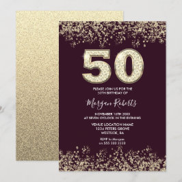 Burgundy & Guld Manar eller Womans 50:e Födelsedag Inbjudningar