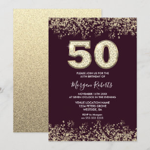 Burgundy & Guld Manar eller Womans 50:e Födelsedag Inbjudningar