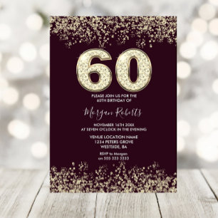 Burgundy & Guld Manar eller Womans 60:e Födelsedag Inbjudningar