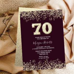 Burgundy & Guld Manar Womans 70:e Födelsedagsfeste Inbjudningar