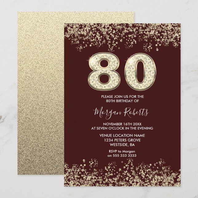 Burgundy & Guld Manar Womans 80:e Födelsedagsfeste Inbjudningar (Fram/baksida)