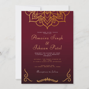 Burgundy Guld Mandala Ethnic Night Indian Bröllop Inbjudningar