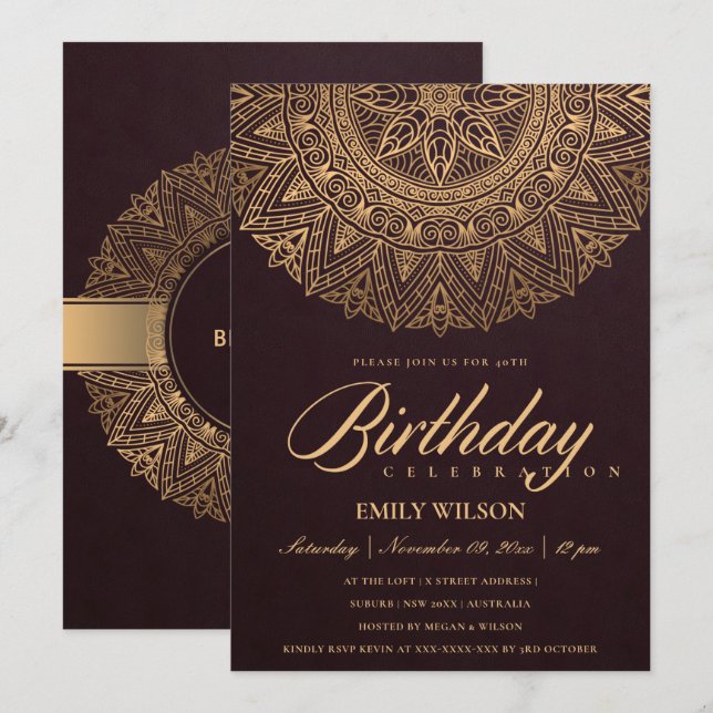 BURGUNDY GULD MANDALA VARJE ÅR 40:E BIRTHDAY PARTY INBJUDNINGAR (Fram/baksida)