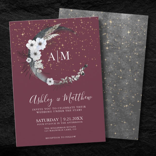 Burgundy Guld Måne Celestial Bröllop Inbjudningar (Burgundy Gold Moon Celestial Wedding Invitation )