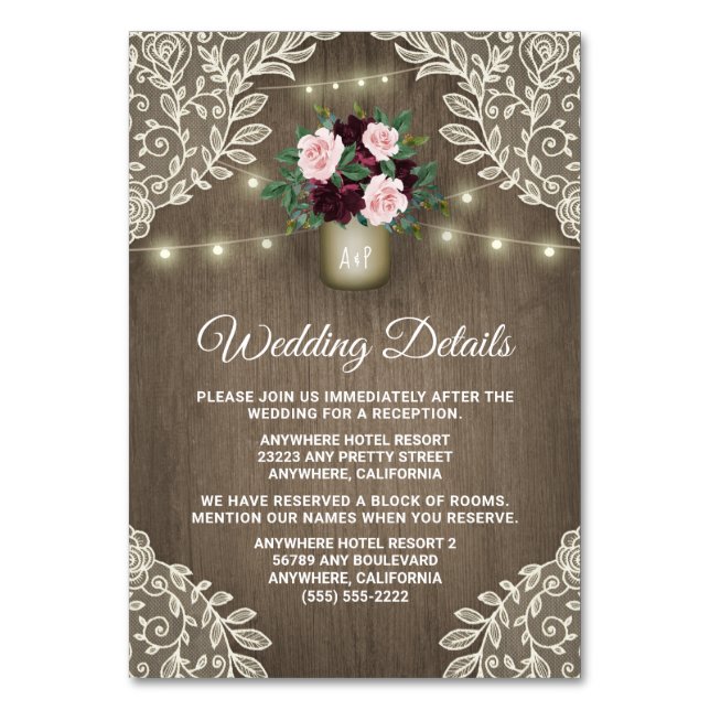 Burgundy  Guld Mason Burk Bröllop för in kort (Framsidan)