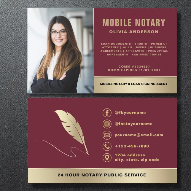 Burgundy Guld Mobile Notary Signing Agent Photo Visitkort (Skapare uppladdad)