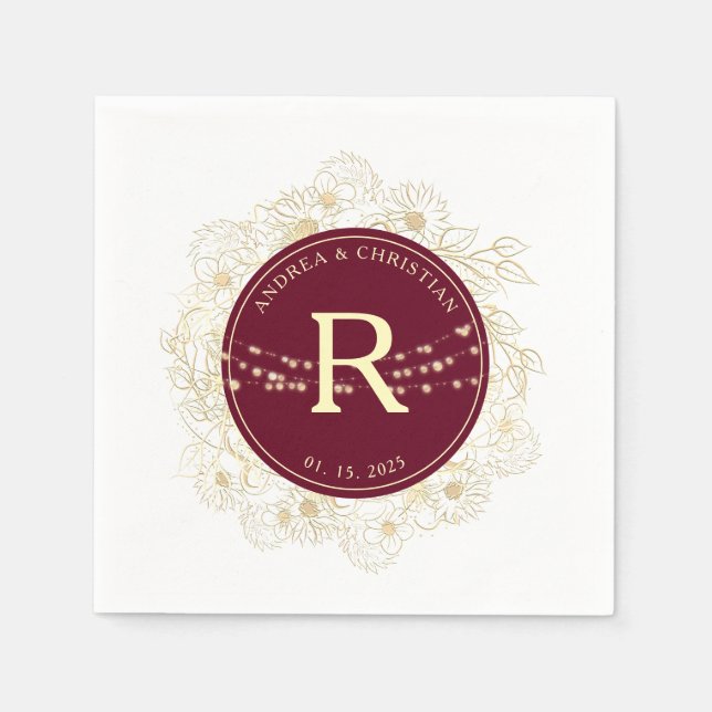 Burgundy Guld Monogram Bröllop Napkins Pappersservett (Framsidan)