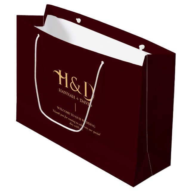 Burgundy & Guld Monogram Bröllops Välkomstpresent  (Framsidan Vinklad)