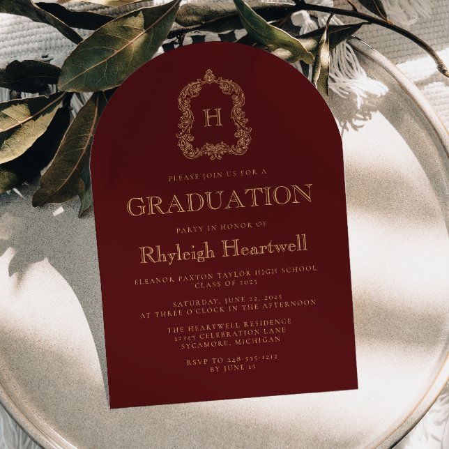 Burgundy Guld Monogram Topp Ark Graduation Party Inbjudningar (Skapare uppladdad)
