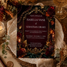 Burgundy & Guld Mörk Romantik Bröllop Inbjudningar