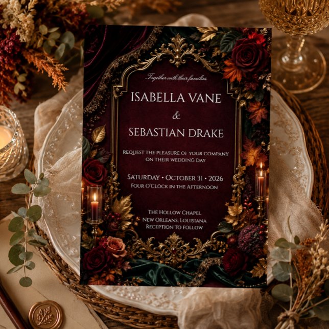 Burgundy & Guld Mörk Romantik Bröllop  Inbjudningar (Skapare uppladdad)