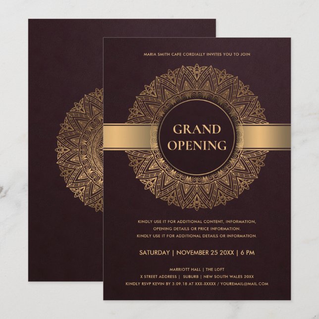 BURGUNDY GULD ORNATE CLASSIC MANDALA GRAND OPENING INBJUDNINGAR (Fram/baksida)