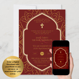 Burgundy Guld Ornate katolsk nuptial Mass Bröllop Inbjudningar