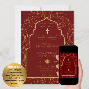 Burgundy Guld Ornate katolsk nuptial Mass Bröllop Inbjudningar