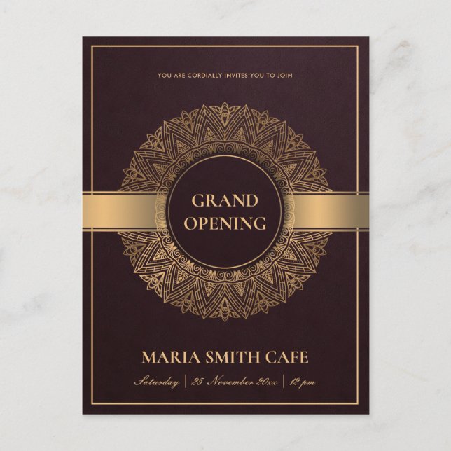 BURGUNDY GULD ORNATE MANDALA GRAND ÖPPENING INBJUD VYKORT (Framsida)