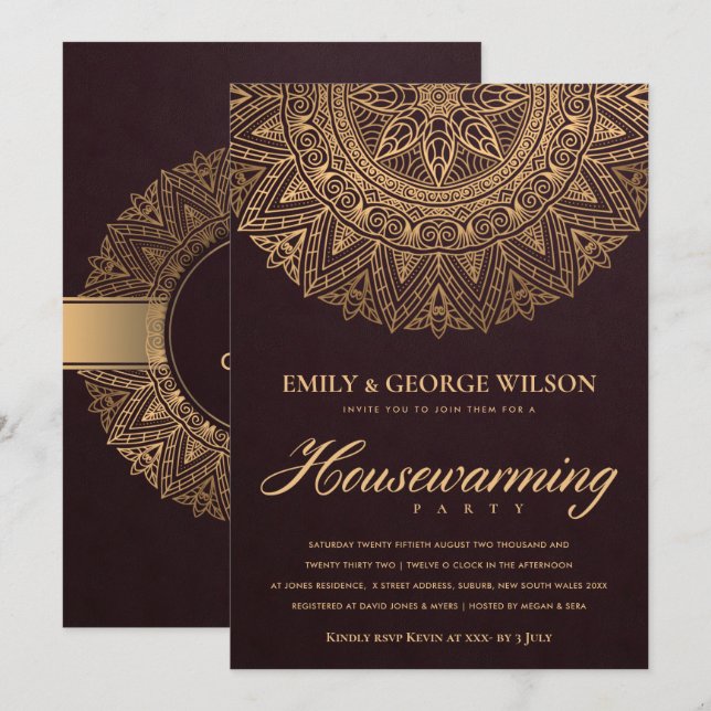 BURGUNDY GULD ORNATE MANDALA HOUSEWARMING PARTY INBJUDNINGAR (Fram/baksida)