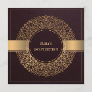 BURGUNDY GULD ORNATE MANDALA SWEET 16 BIRTHDAY INBJUDNINGAR