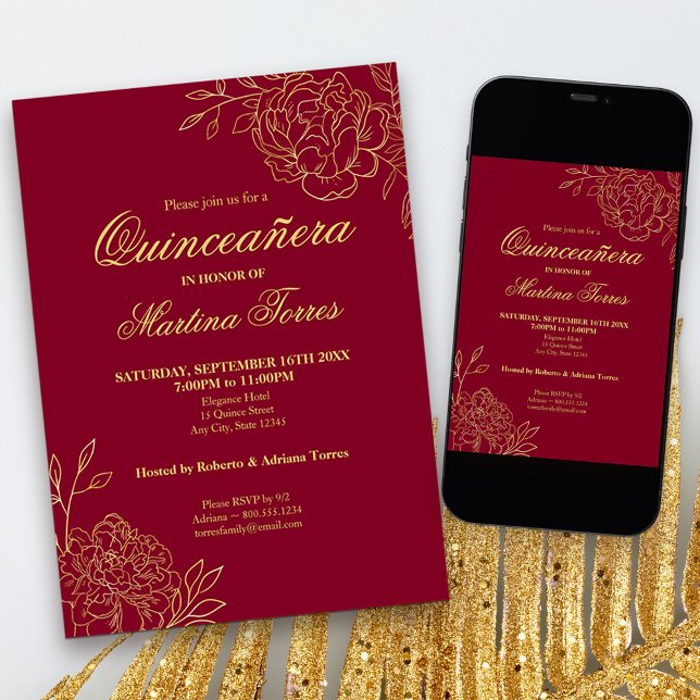 Burgundy Guld Outline Flowers Blommigt Quinceanera Inbjudningar (Red and Gold Quinceanera Invitation, from my Gold Sketched Floral collection
)