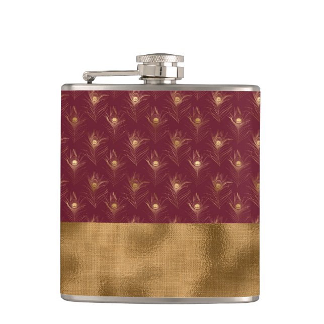 Burgundy Guld Påfågel Fjädrar Chic Elegant Fickplunta (Framsidan)