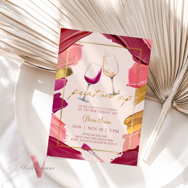 Burgundy Guld Paint och Sip Birthday-inbjudan Inbjudningar (Skapare uppladdad)
