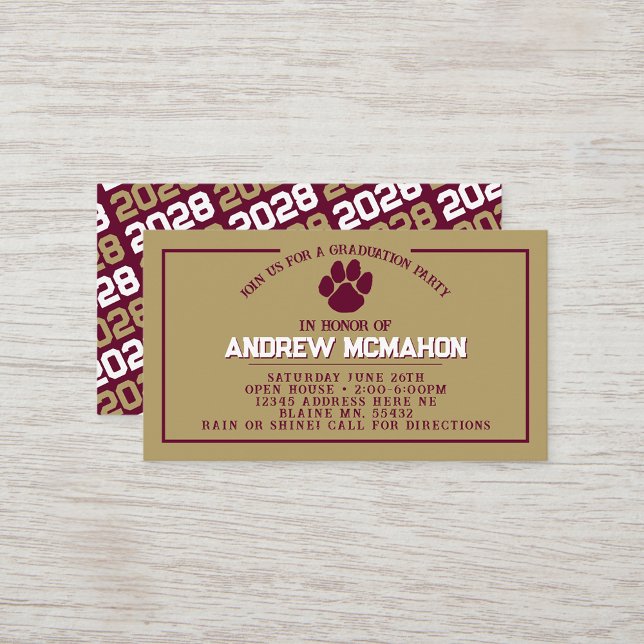 Burgundy & Guld Pawprint Mini Studenten Inbjudan (Burgundy & Gold Pawprint Mini Graduation Invites for Friends, Team Mates or as Inserts!)